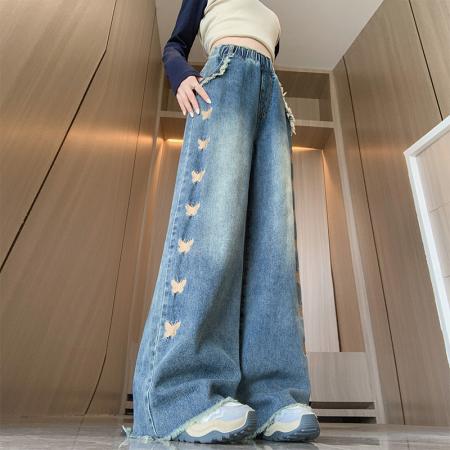 FA48205# 加绒牛仔长裤蝴蝶刺绣宽松紧高腰直筒显瘦加肥大码女装230斤 服裝批發女裝批發服飾貨源