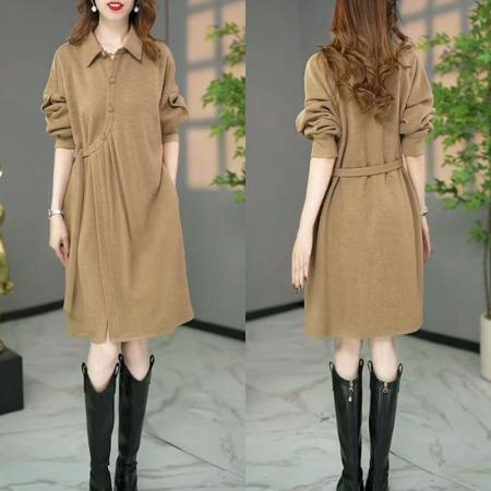 FA48206# 秋季新款赫本风连衣裙设计感POLO领纯色遮肉显瘦打底裙子 服裝批發女裝批發服飾貨源