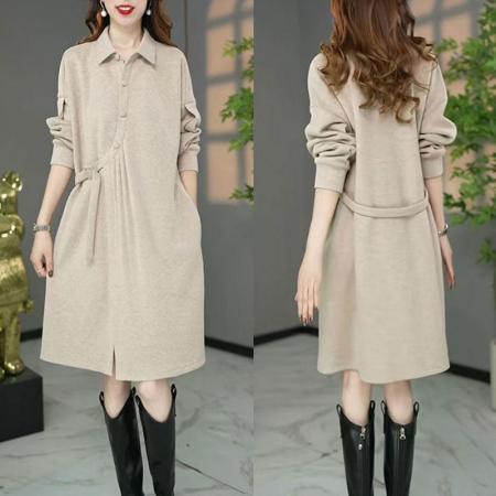 FA48206# 秋季新款赫本风连衣裙设计感POLO领纯色遮肉显瘦打底裙子 服裝批發女裝批發服飾貨源