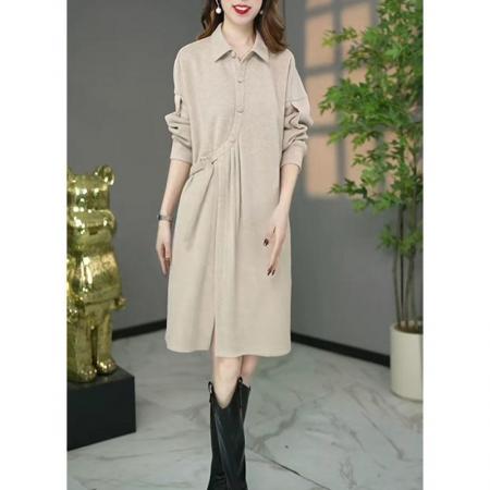 FA48206# 秋季新款赫本风连衣裙设计感POLO领纯色遮肉显瘦打底裙子 服裝批發女裝批發服飾貨源