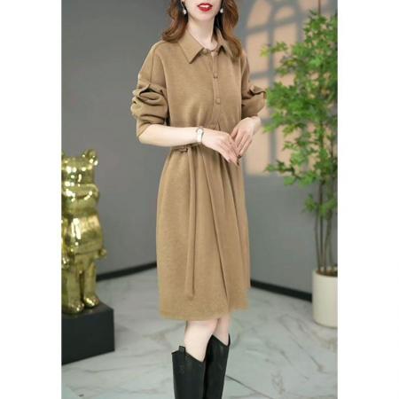 FA48206# 秋季新款赫本风连衣裙设计感POLO领纯色遮肉显瘦打底裙子 服裝批發女裝批發服飾貨源