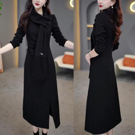 FA48207# 秋冬新款时尚气质显瘦裙设计感休闲加绒中长款打底连衣裙 服裝批發女裝批發服飾貨源