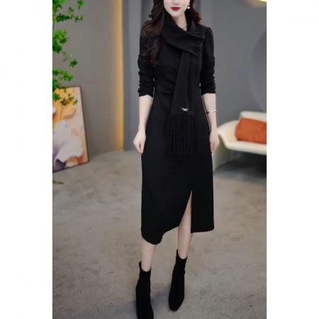 FA48207# 秋冬新款时尚气质显瘦裙设计感休闲加绒中长款打底连衣裙 服裝批發女裝批發服飾貨源