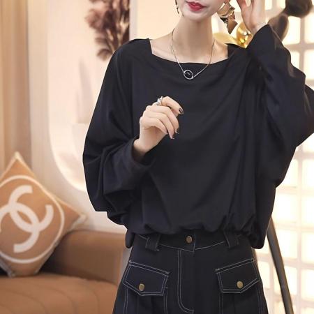 FA48208# 松弛感简约纯色T恤秋新款时尚洋气设计感宽松显瘦小衫上衣 服裝批發女裝批發服飾貨源