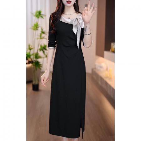 FA48209# 时尚气质中长款开叉裙子秋季新款拼接蝴蝶结设计感连衣裙 服裝批發女裝批發服飾貨源