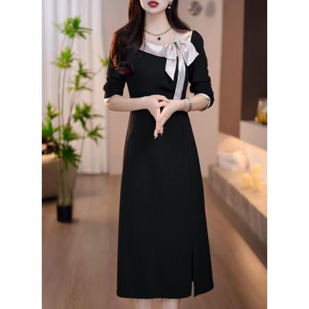 FA48209# 时尚气质中长款开叉裙子秋季新款拼接蝴蝶结设计感连衣裙 服裝批發女裝批發服飾貨源