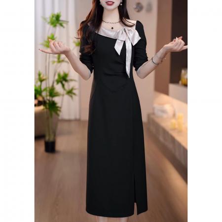 FA48209# 时尚气质中长款开叉裙子秋季新款拼接蝴蝶结设计感连衣裙 服裝批發女裝批發服飾貨源