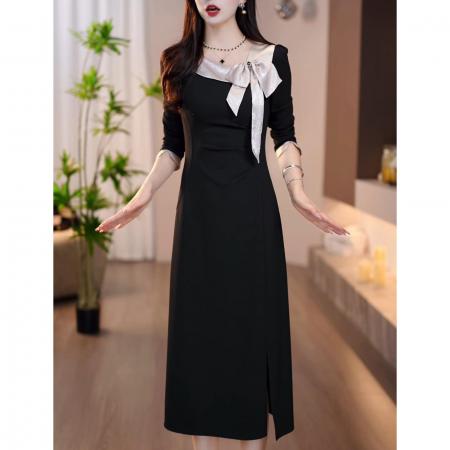 FA48209# 时尚气质中长款开叉裙子秋季新款拼接蝴蝶结设计感连衣裙 服裝批發女裝批發服飾貨源