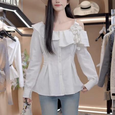 FA48210# 秋季新款洋气设计感立体花朵上衣拼接露肩百搭纯色衬衫女