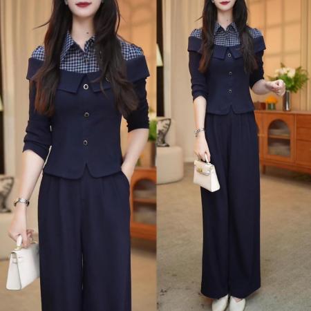 FA48211# 气质西服套装秋季新款时尚西装外套+蕾丝拼接连衣裙两件套