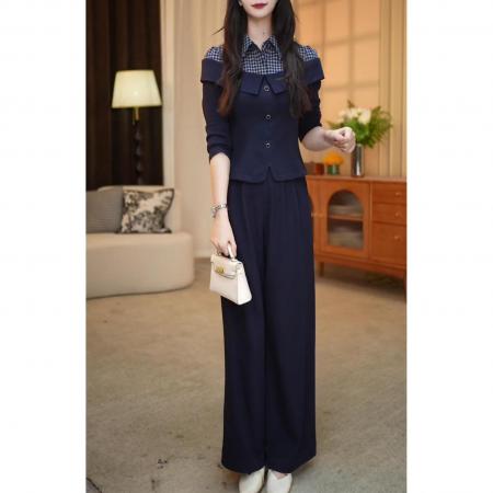 FA48211# 气质西服套装秋季新款时尚西装外套+蕾丝拼接连衣裙两件套