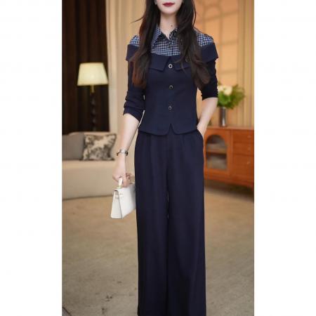 FA48211# 气质西服套装秋季新款时尚西装外套+蕾丝拼接连衣裙两件套