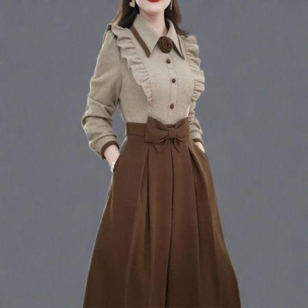 FA48212# 时尚假两件长袖连衣裙季新款洋气显瘦设计感中长款休闲裙