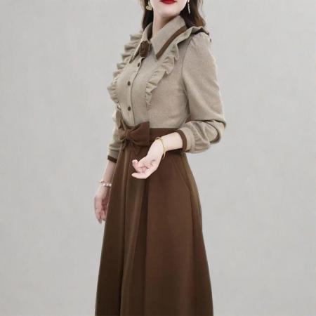 FA48212# 时尚假两件长袖连衣裙季新款洋气显瘦设计感中长款休闲裙