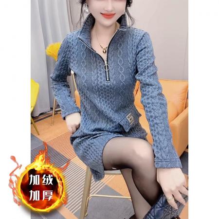 FA48213# 秋冬季新款长袖连衣裙气质显瘦半开领加厚百搭打底裙子