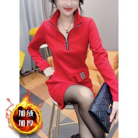 FA48213# 秋冬季新款长袖连衣裙气质显瘦半开领加厚百搭打底裙子