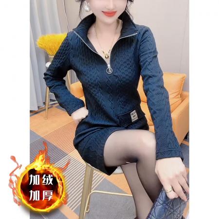 FA48213# 秋冬季新款长袖连衣裙气质显瘦半开领加厚百搭打底裙子