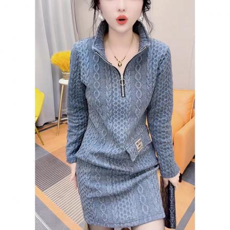 FA48213# 秋冬季新款长袖连衣裙气质显瘦半开领加厚百搭打底裙子