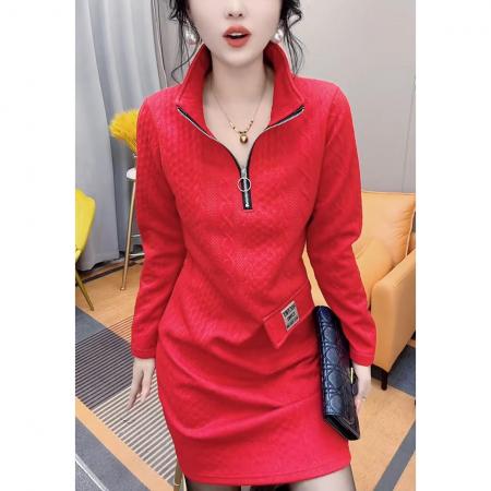 FA48213# 秋冬季新款长袖连衣裙气质显瘦半开领加厚百搭打底裙子