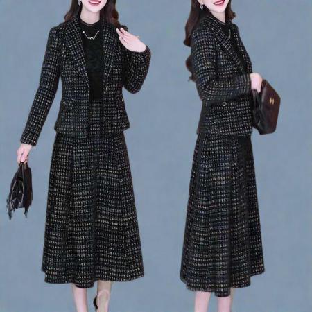 FA48214# 气质西服套装秋季新款时尚西装外套+蕾丝拼接连衣裙两件套