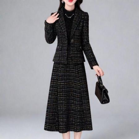 FA48214# 气质西服套装秋季新款时尚西装外套+蕾丝拼接连衣裙两件套