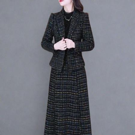 FA48214# 气质西服套装秋季新款时尚西装外套+蕾丝拼接连衣裙两件套