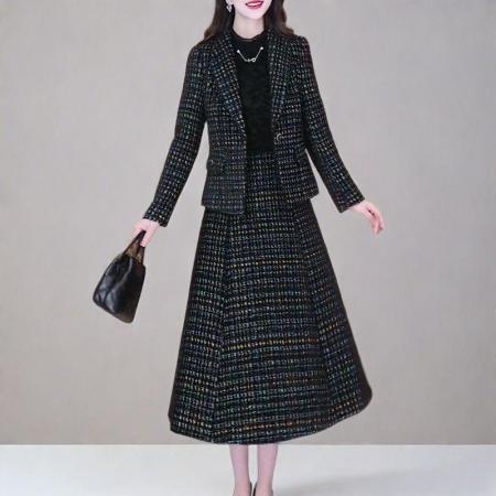 FA48214# 气质西服套装秋季新款时尚西装外套+蕾丝拼接连衣裙两件套