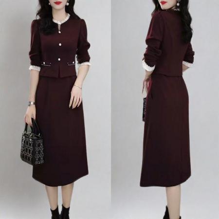 法式小香风长袖连衣裙秋季新款修身显瘦假两件A字裙潮