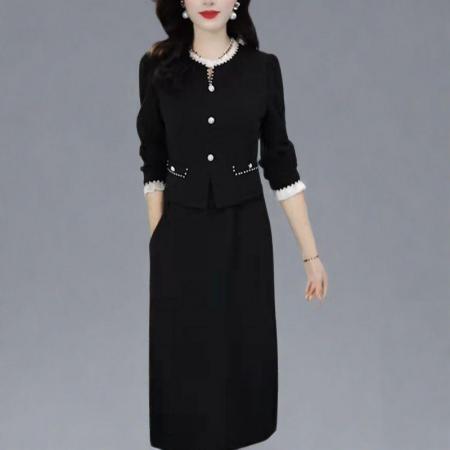 法式小香风长袖连衣裙秋季新款修身显瘦假两件A字裙潮