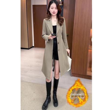 LN76379# 风衣外套女秋冬新款加绒加厚时尚西装领小个子韩版收腰中长款外衣