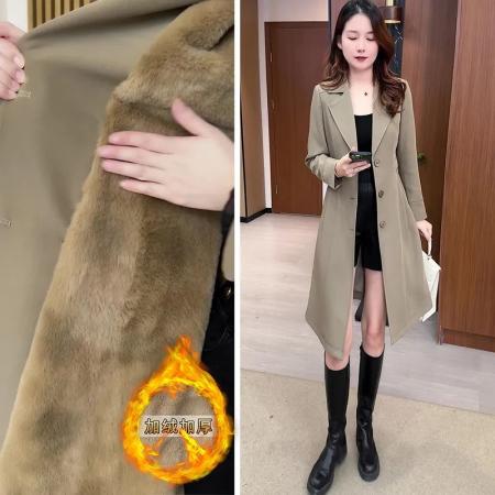 LN76379# 风衣外套女秋冬新款加绒加厚时尚西装领小个子韩版收腰中长款外衣