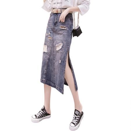 FA48218# 秋季新款牛仔半身裙钉珠个性风性感侧开叉修腿破洞 服裝批發女裝批發服飾貨源