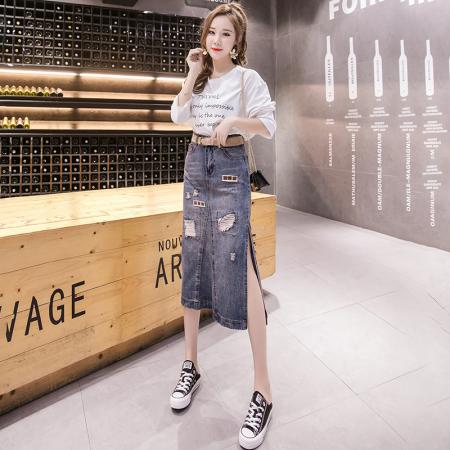 FA48218# 秋季新款牛仔半身裙钉珠个性风性感侧开叉修腿破洞 服裝批發女裝批發服飾貨源