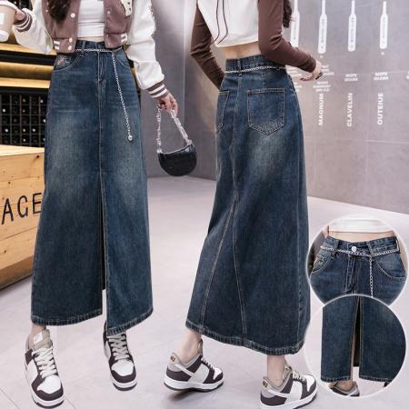 FA48219# 新款半身裙秋季长裙开叉可拆卸链子复古女舒适修身显瘦 服裝批發女裝批發服飾貨源