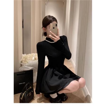 FA48222# 公主高级感小黑裙蓬蓬裙法式大衣内搭半高领黑色针织连衣裙 服裝批發女裝批發服飾貨源