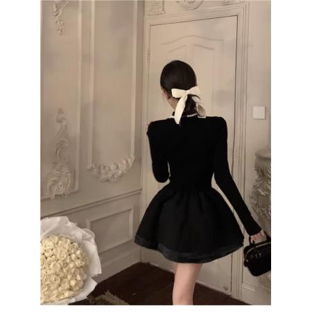 FA48222# 公主高级感小黑裙蓬蓬裙法式大衣内搭半高领黑色针织连衣裙 服裝批發女裝批發服飾貨源