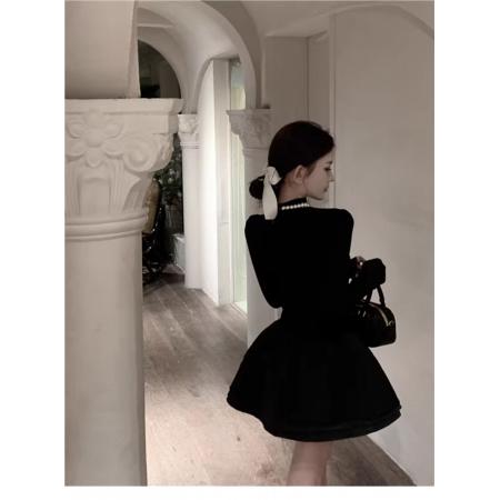 FA48222# 公主高级感小黑裙蓬蓬裙法式大衣内搭半高领黑色针织连衣裙 服裝批發女裝批發服飾貨源
