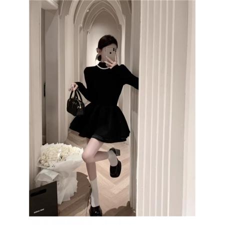 FA48222# 公主高级感小黑裙蓬蓬裙法式大衣内搭半高领黑色针织连衣裙 服裝批發女裝批發服飾貨源