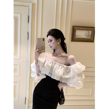 FA48223# 法式设计感亮丝荷叶边拼接泡泡袖一字肩收腰开小叉礼服连衣裙 服裝批發女裝批發服飾貨源