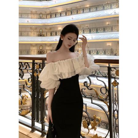 FA48223# 法式设计感亮丝荷叶边拼接泡泡袖一字肩收腰开小叉礼服连衣裙 服裝批發女裝批發服飾貨源