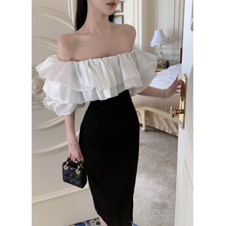 FA48223# 法式设计感亮丝荷叶边拼接泡泡袖一字肩收腰开小叉礼服连衣裙 服裝批發女裝批發服飾貨源