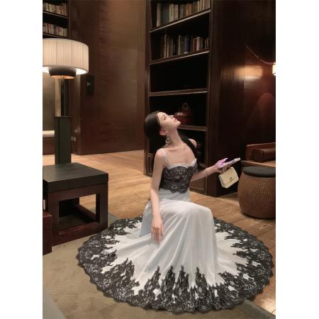 FA48224# 流晶筑梦/重工定位蕾丝清冷感梦幻蓝雪纺收腰大摆裙公主裙 服裝批發女裝批發服飾貨源