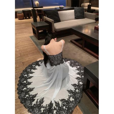 FA48224# 流晶筑梦/重工定位蕾丝清冷感梦幻蓝雪纺收腰大摆裙公主裙 服裝批發女裝批發服飾貨源