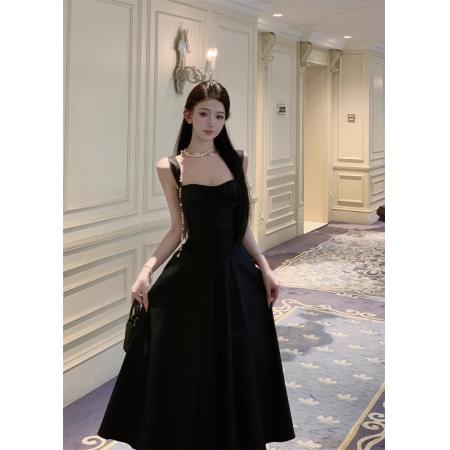 FA48226# 午夜巴塞黑色连衣裙女夏法式收腰鱼骨裙子显瘦吊带A字裙 服裝批發女裝批發服飾貨源