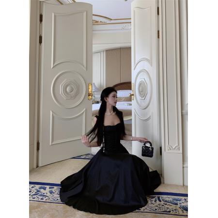 FA48226# 午夜巴塞黑色连衣裙女夏法式收腰鱼骨裙子显瘦吊带A字裙 服裝批發女裝批發服飾貨源