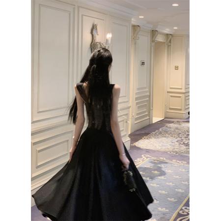 FA48226# 午夜巴塞黑色连衣裙女夏法式收腰鱼骨裙子显瘦吊带A字裙 服裝批發女裝批發服飾貨源