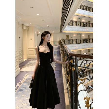 FA48226# 午夜巴塞黑色连衣裙女夏法式收腰鱼骨裙子显瘦吊带A字裙 服裝批發女裝批發服飾貨源