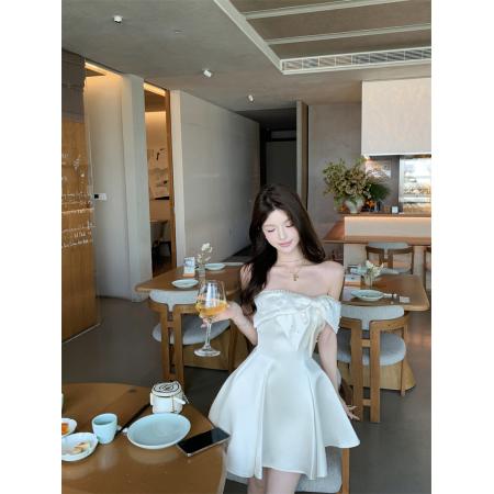 FA48228# 法式一字肩蝴蝶结气质氛围感吊带连衣裙 服裝批發女裝批發服飾貨源