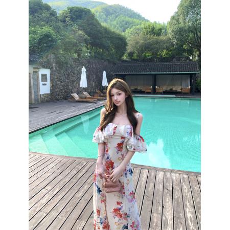 FA48230# 粉黛花墙泼墨式撞色花卉长短款碎花荷叶吊带连衣裙 服裝批發女裝批發服飾貨源