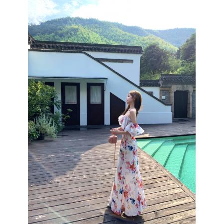 FA48230# 粉黛花墙泼墨式撞色花卉长短款碎花荷叶吊带连衣裙 服裝批發女裝批發服飾貨源